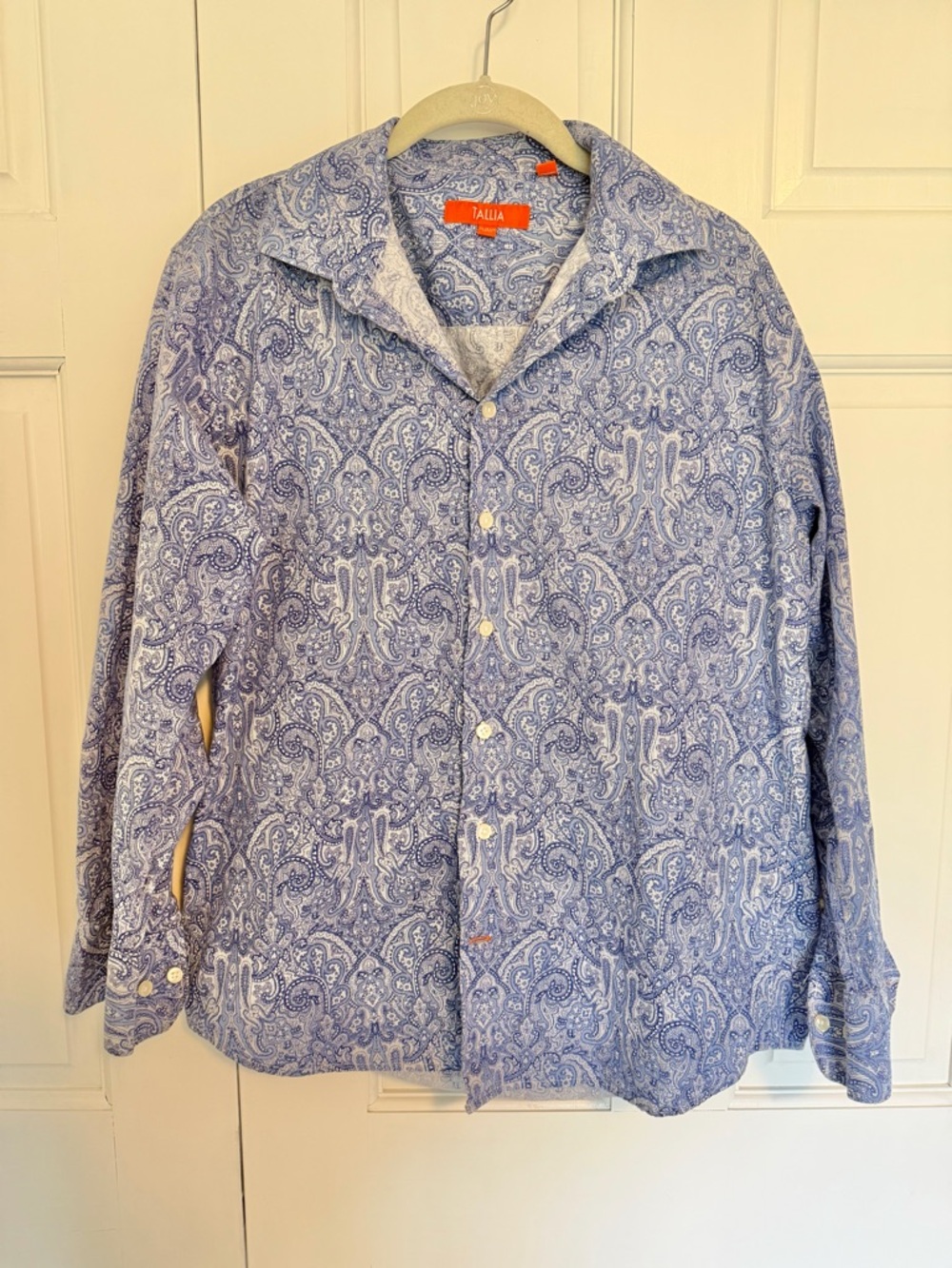 Tallia Mens Paisley Button Down Shirt 16-16.5 Blue White Long Sleeve Dress Shirt